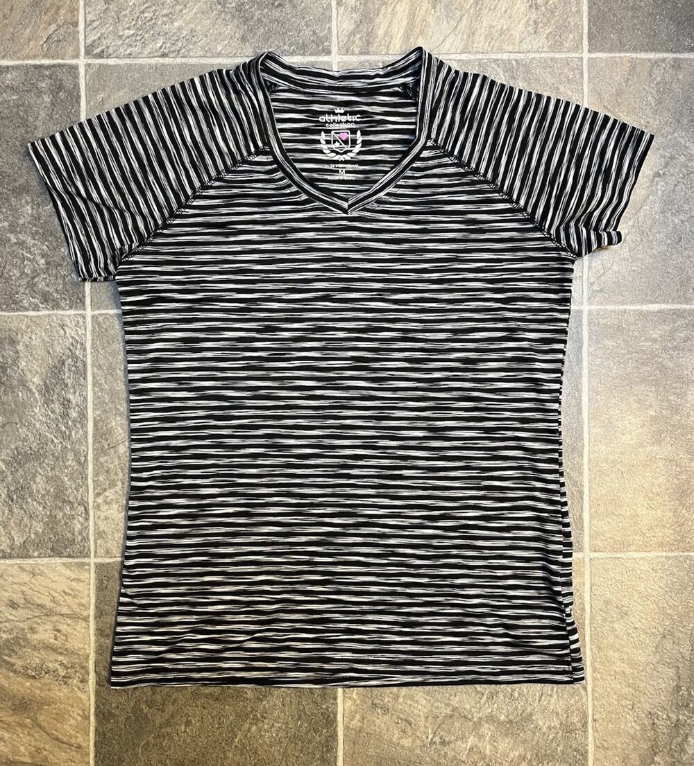 26 International Athletic Collection Striped V-Neck Top Womens M Black White